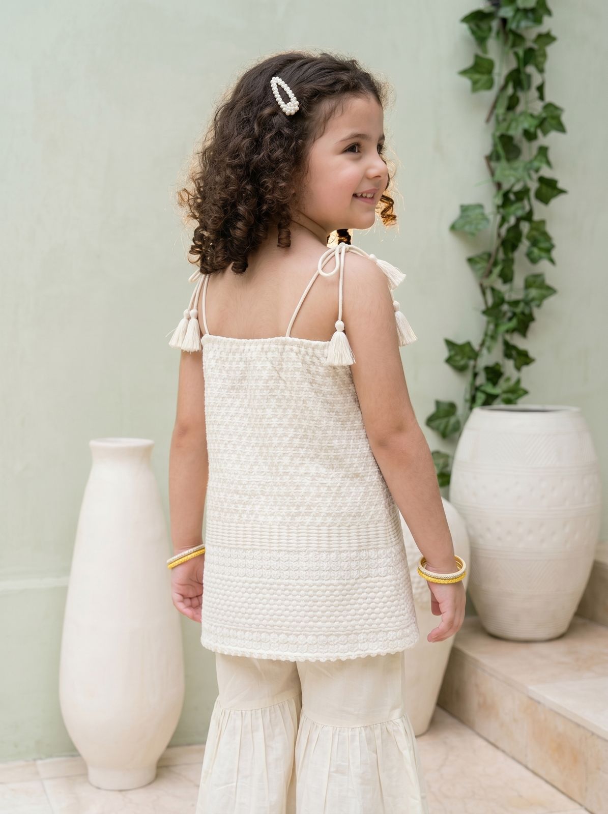 Classic Cream Textured Kurti Sharara Set