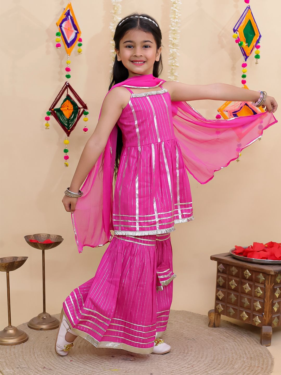 Girl's peplum kurta and sharara set-Pink