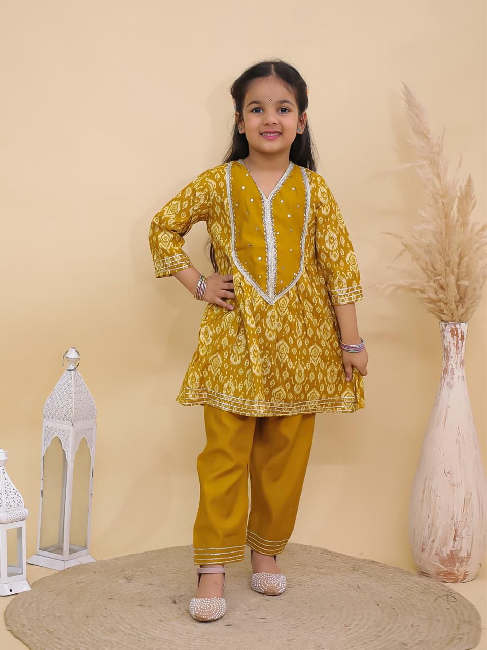 Girl's Mustard Bloom Kurti Pant Set