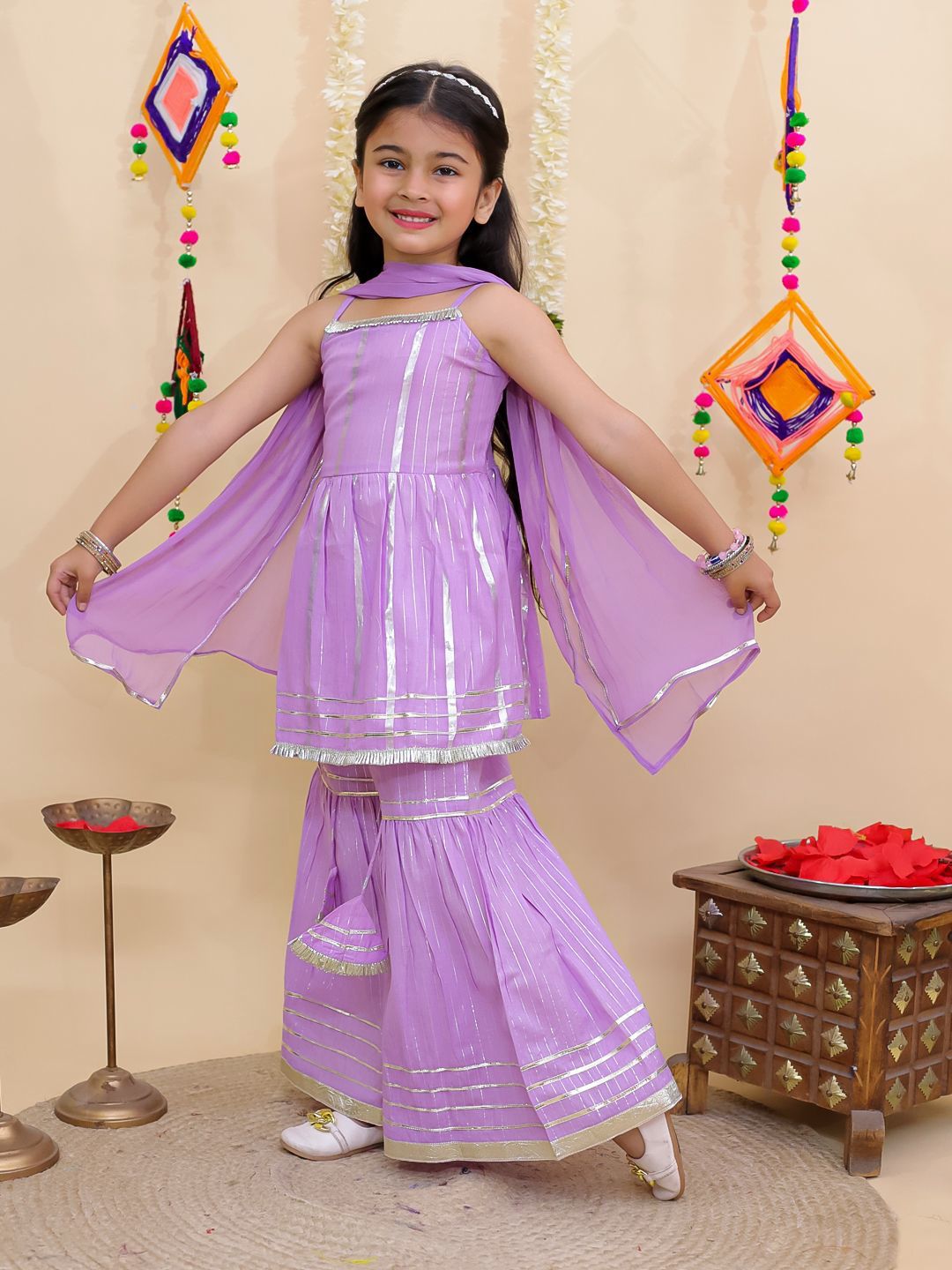 Girl's peplum kurta and sharara set-Lavender