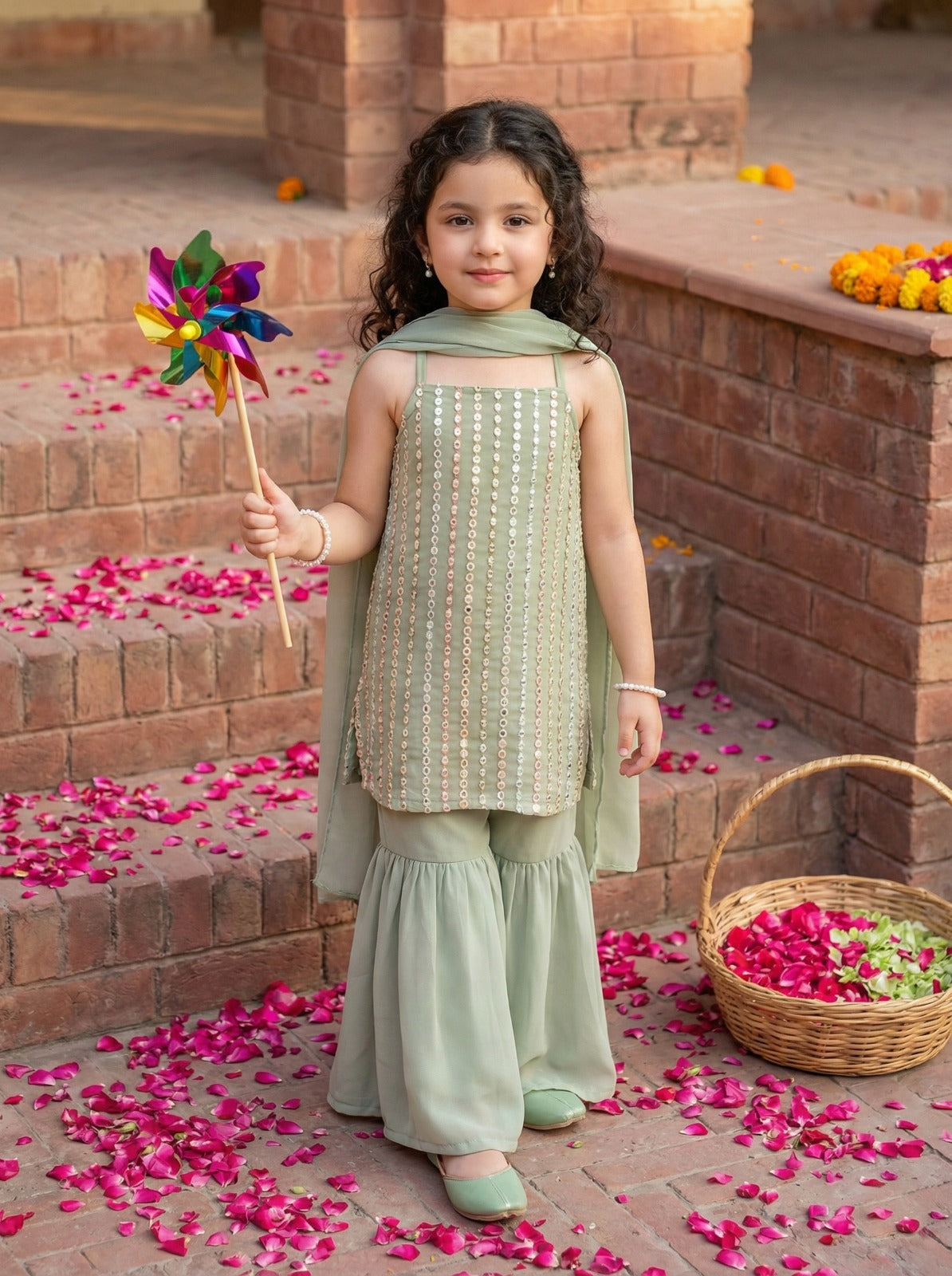 Sage Green Sequin Kurti Sharara Set