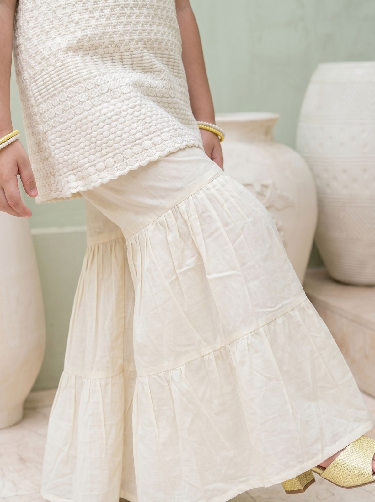Classic Cream Textured Kurti Sharara Set