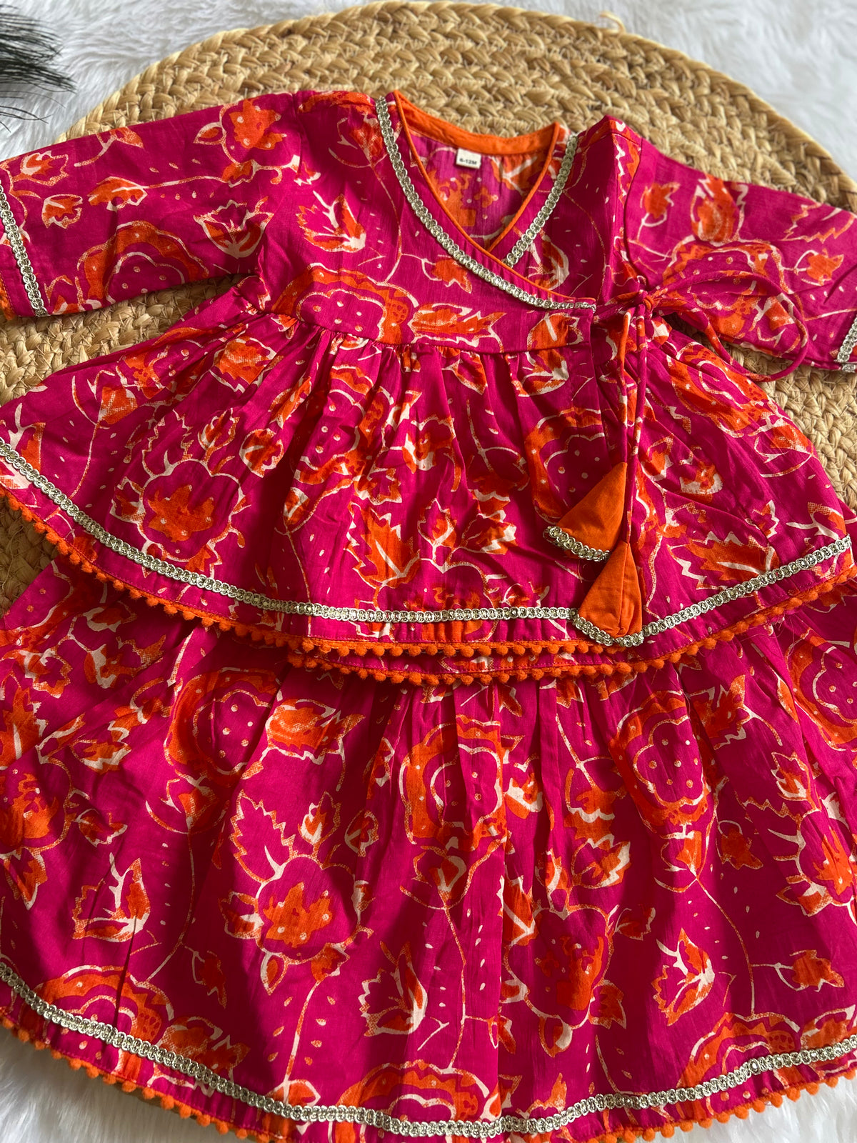 Infant girl angrakha top and skirt-Pink Orange