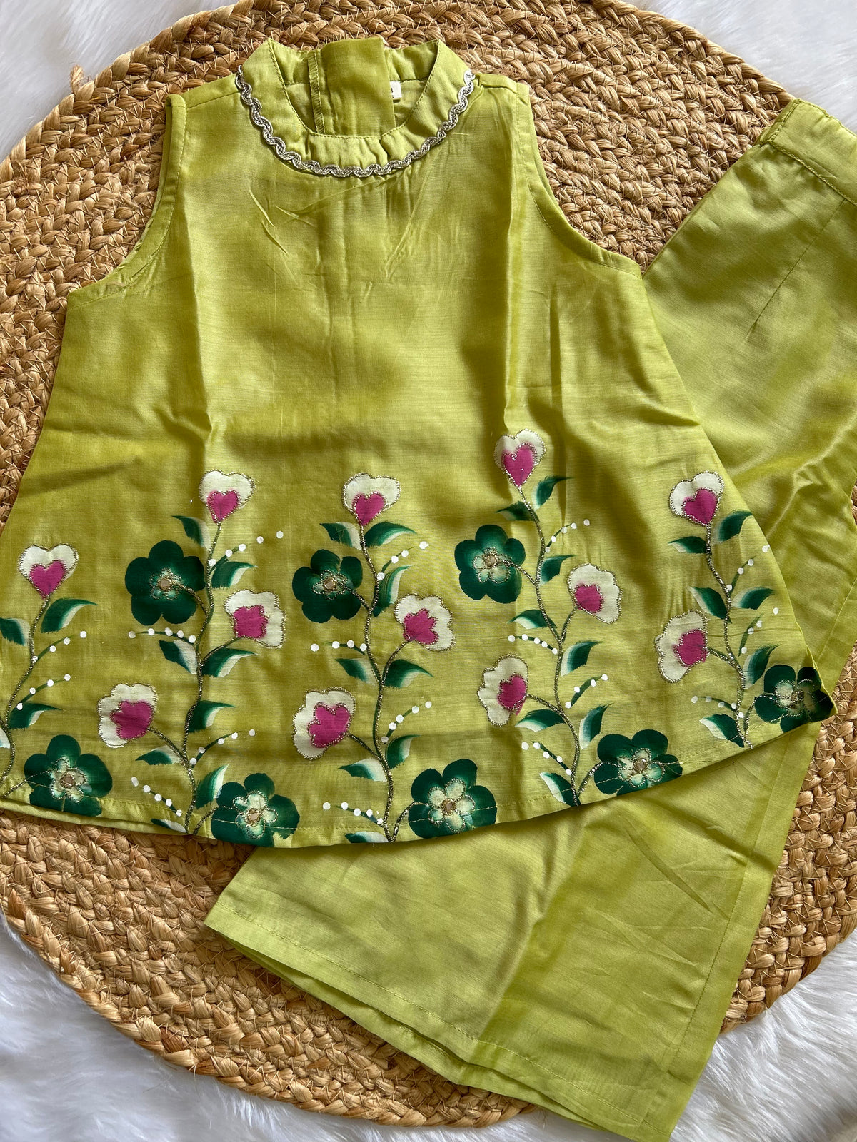 Lime Green Hand-Painted Mul Chanderi Kurti Pant Set