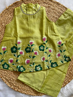Lime Green Hand-Painted Mul Chanderi Kurti Pant Set