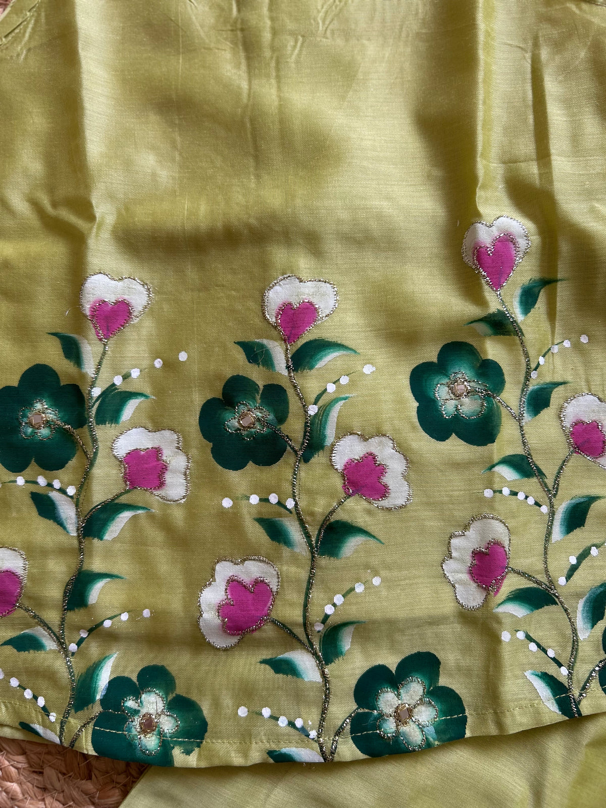 Lime Green Hand-Painted Mul Chanderi Kurti Pant Set