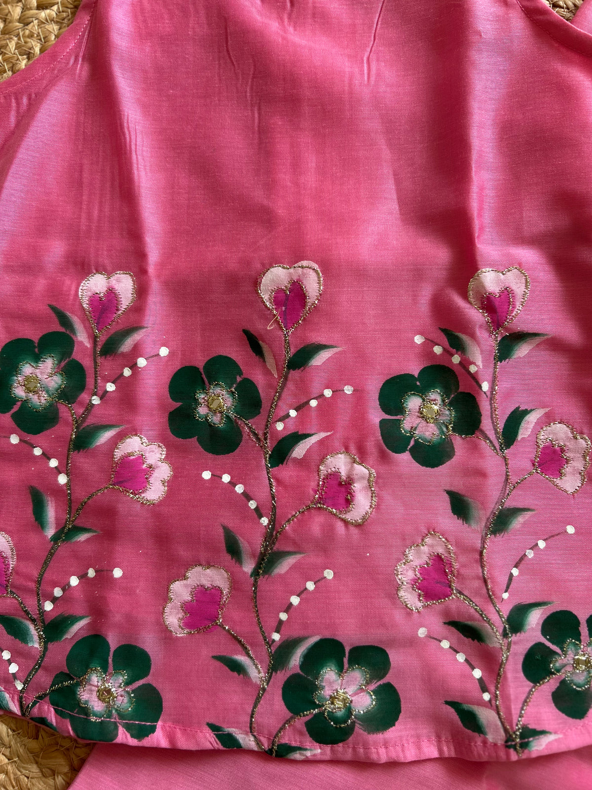 Rosy Blossom Hand-Painted Mul Chanderi Kurti Pant Set