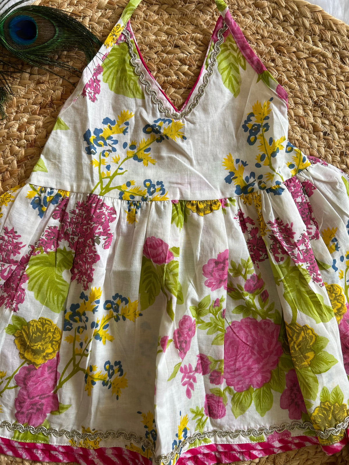 White Floral Halter Neck Kurti with Lehriya Dhoti