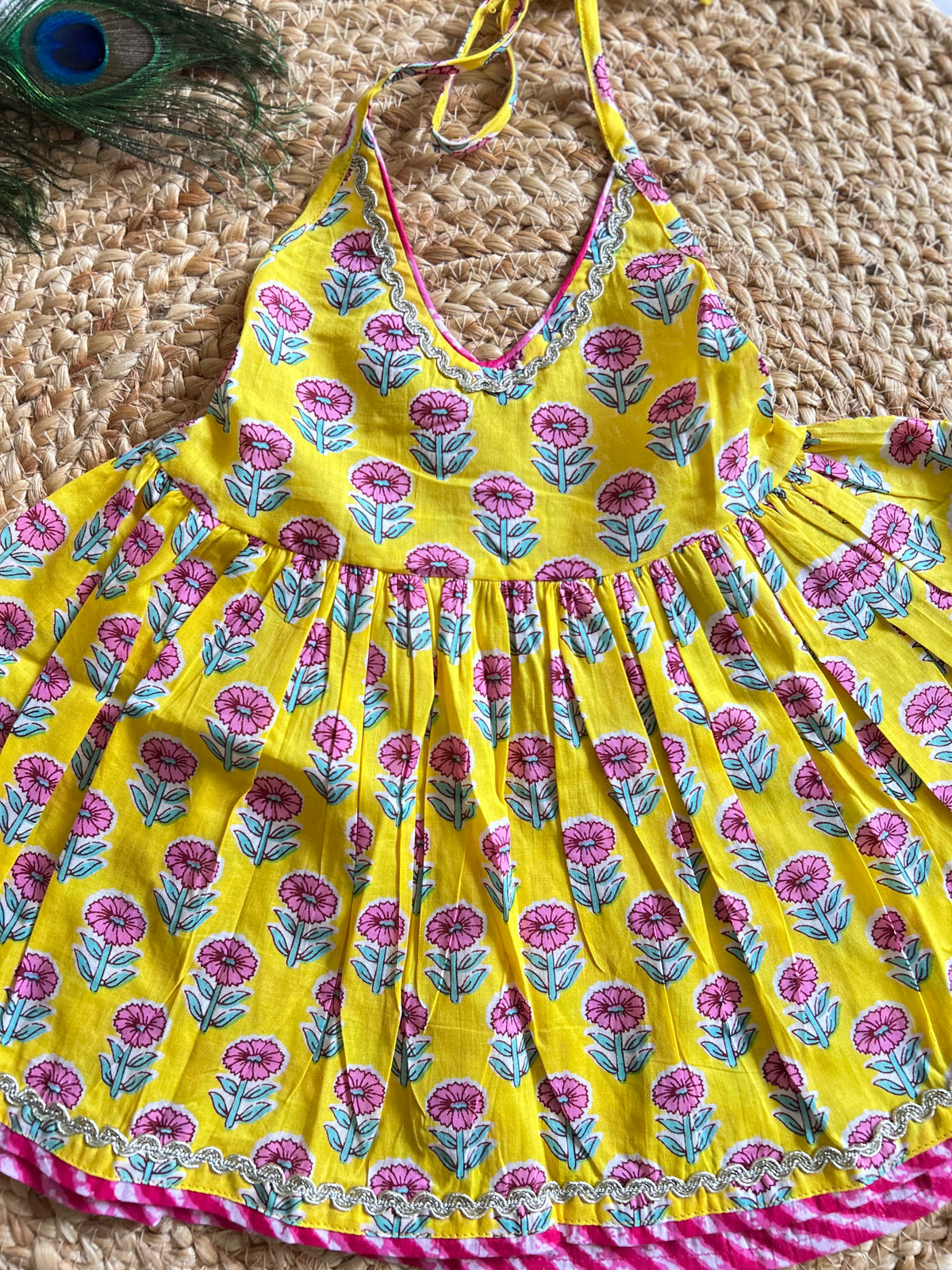 Yellow Halter Neck Kurti with Lehriya Dhoti