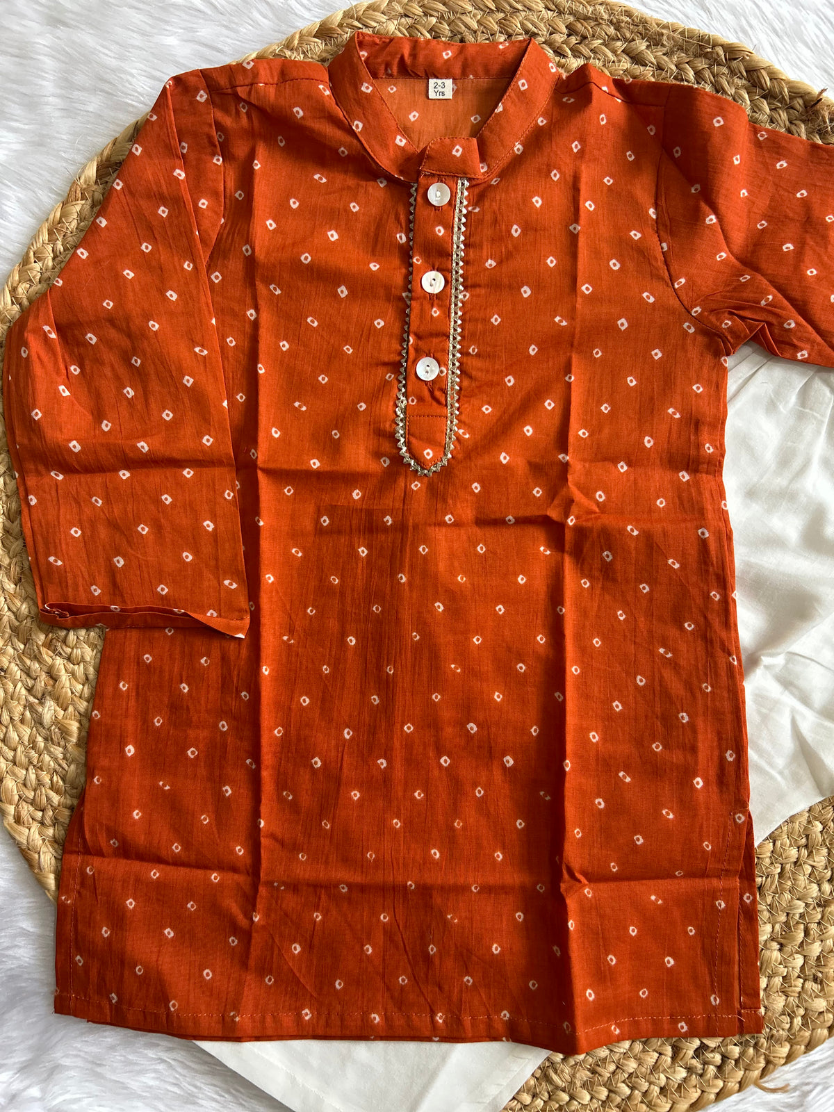 Boy's Rust Bhandej Kurta Pyjama Set