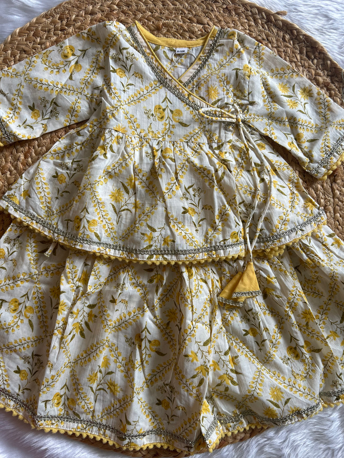 Infant girl angrakha top and skirt-White Yellow