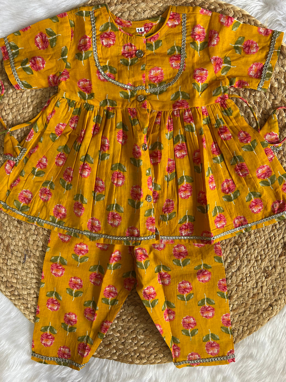 Girl's Mustard Floral Kurti Pant set