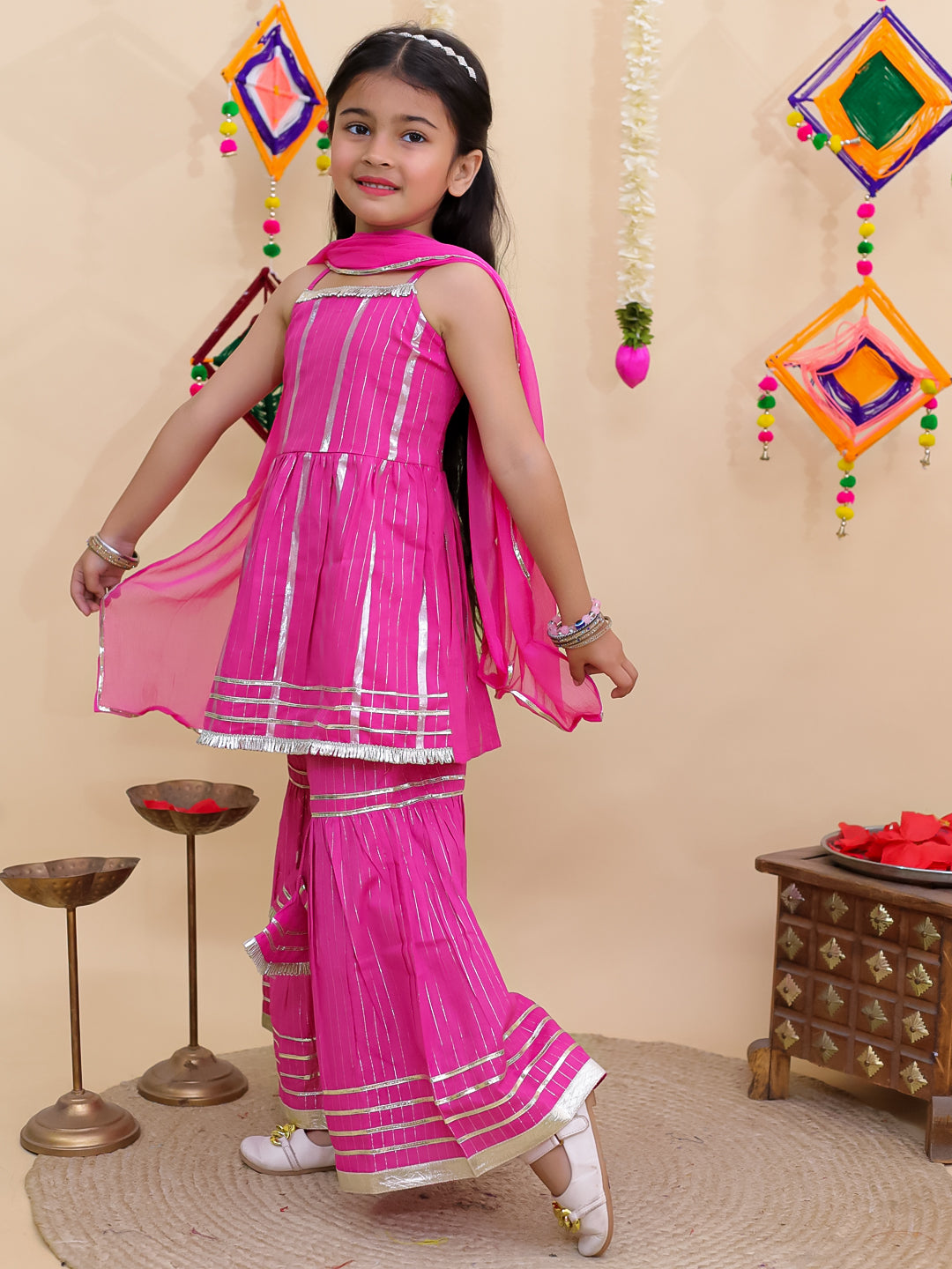 Girl's peplum kurta and sharara set-Pink