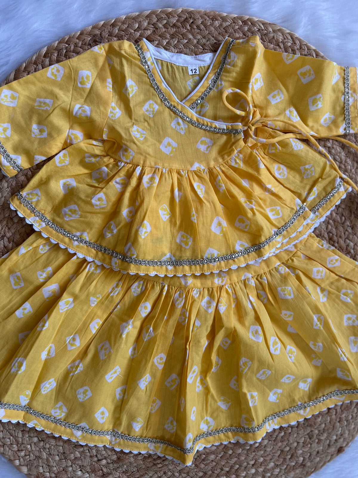 Infant girl angrakha top and skirt-yellow bhandej