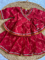 Red Bhandej Infant Girl Angrakha Top and Skirt