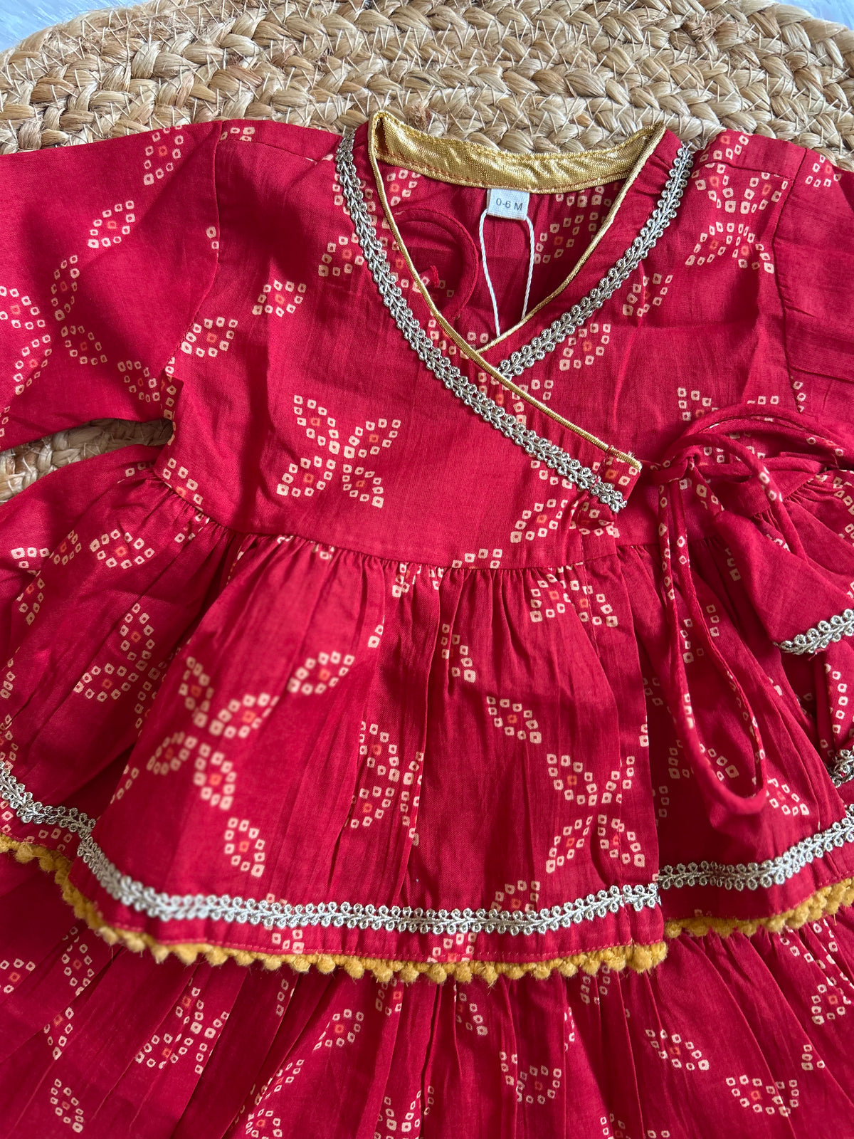 Red Bhandej Infant Girl Angrakha Top and Skirt