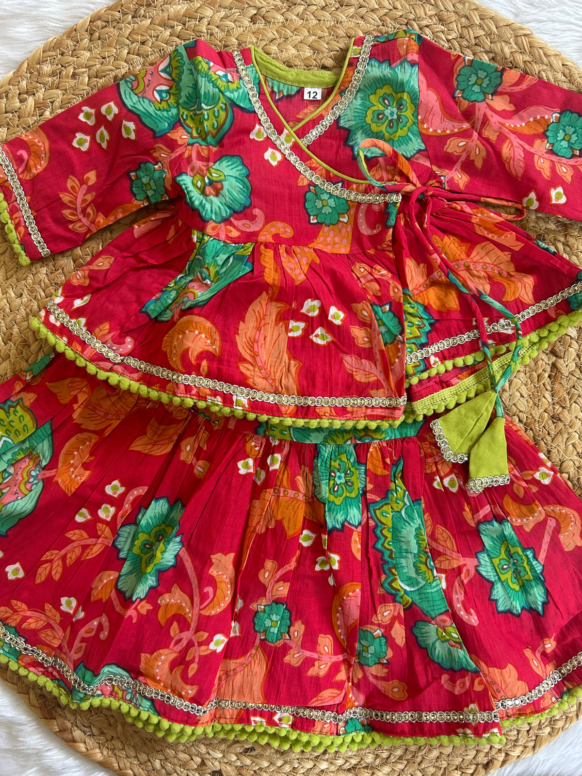 Infant girl angrakha top and skirt-pink green