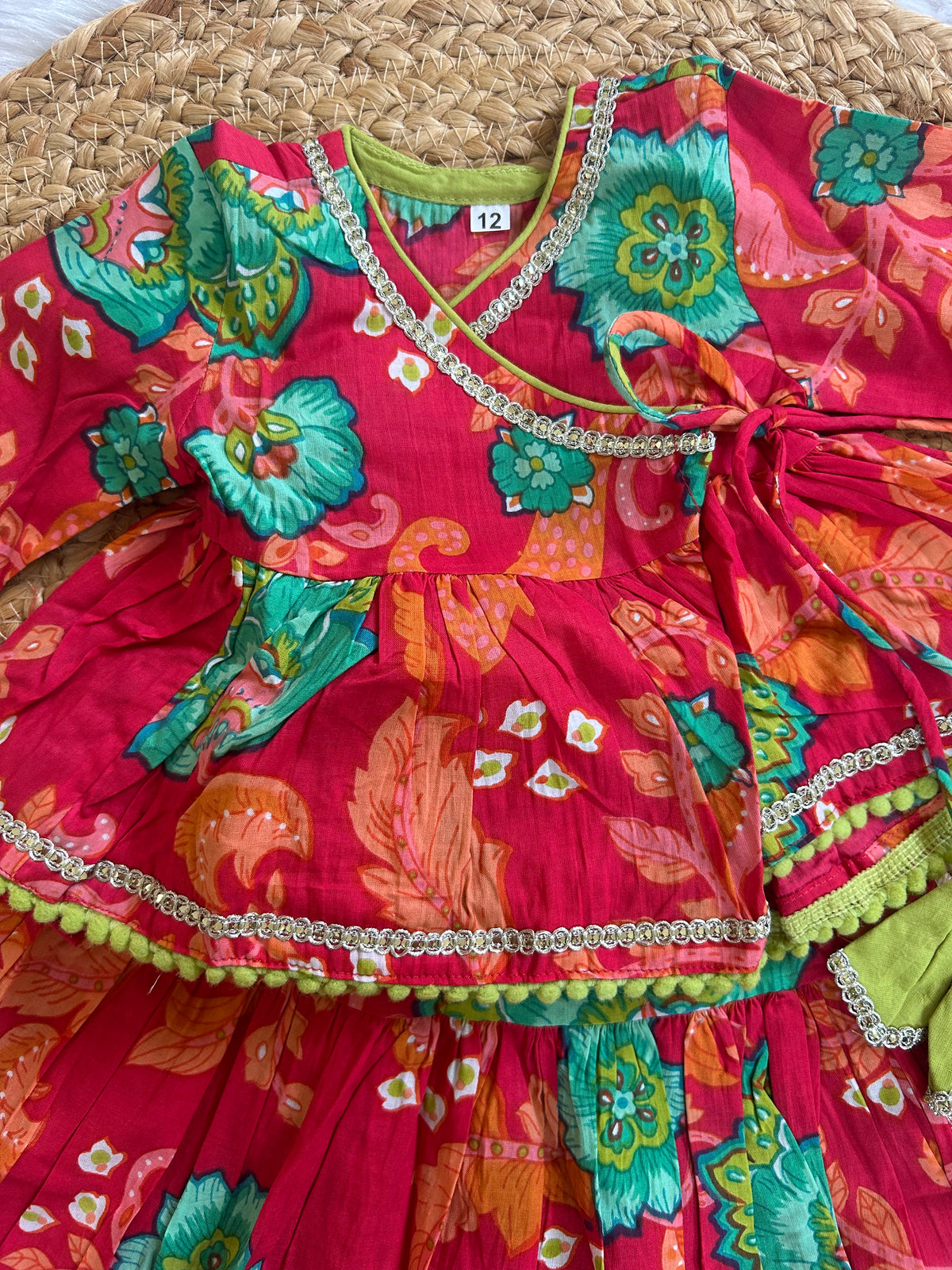 Infant girl angrakha top and skirt-pink green