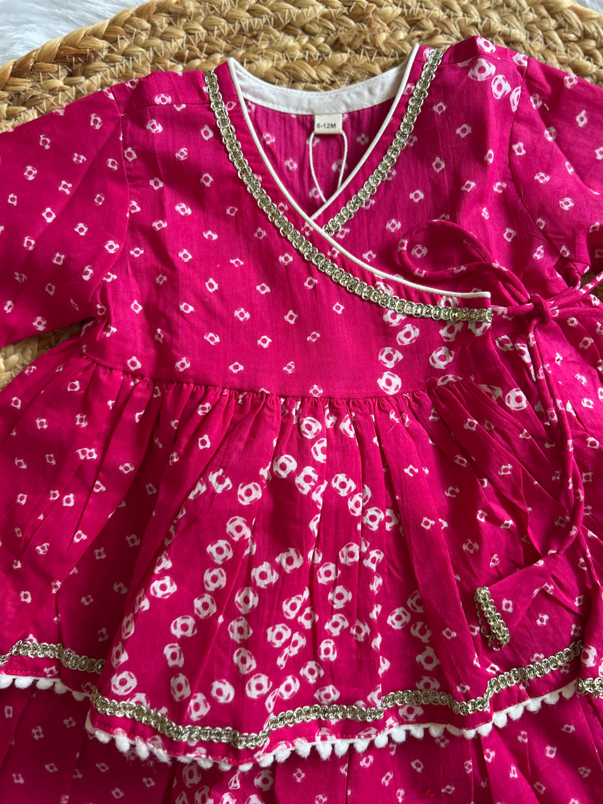 Infant girl angrakha top and skirt-Pink Bhandej