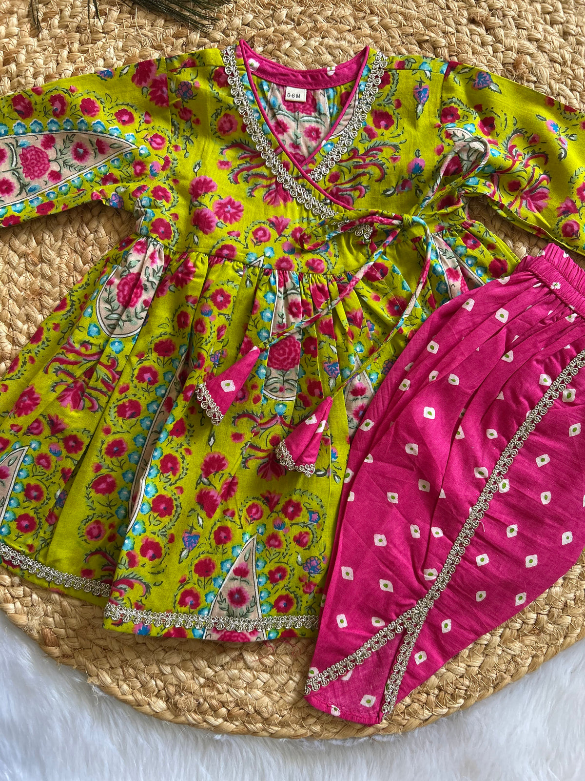 Lime Green Floral Angrakha Kurti with Dhoti