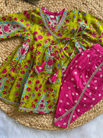 Lime Green Floral Angrakha Kurti with Dhoti