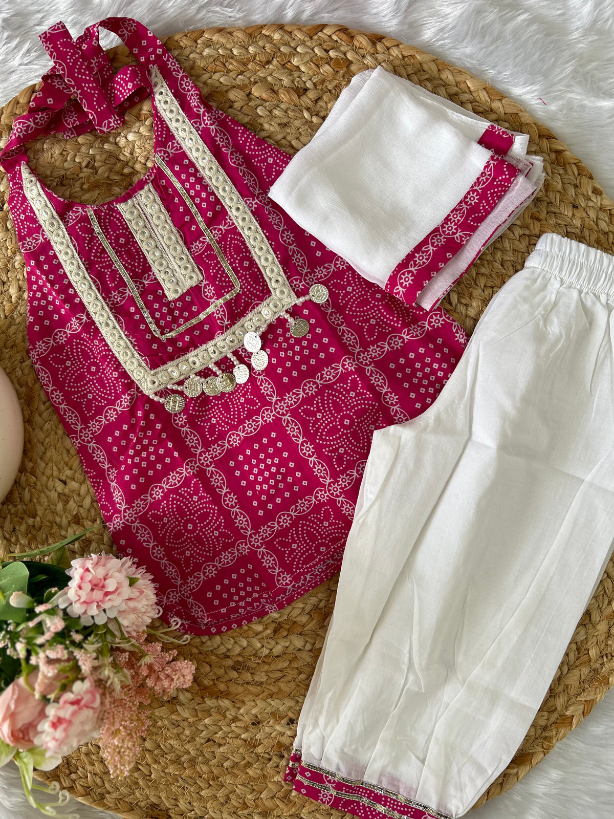 Girls Bhandej Halter Neck Kurta with Afgani Pants