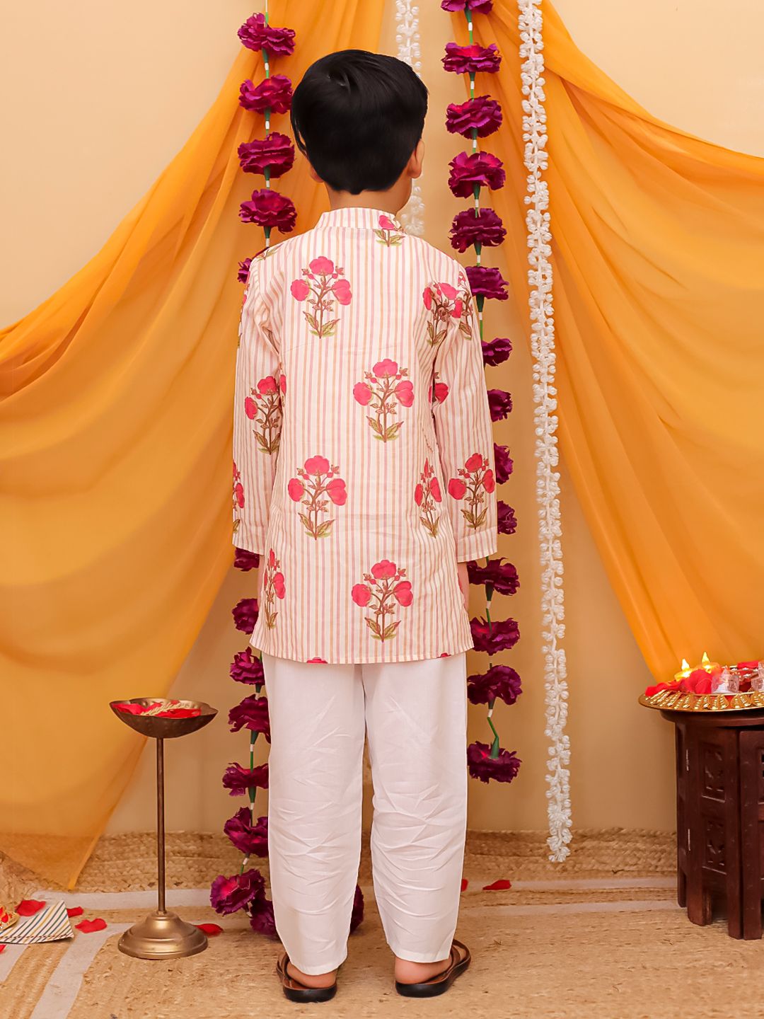 Boy's Pink kurta pajama with attached jacket