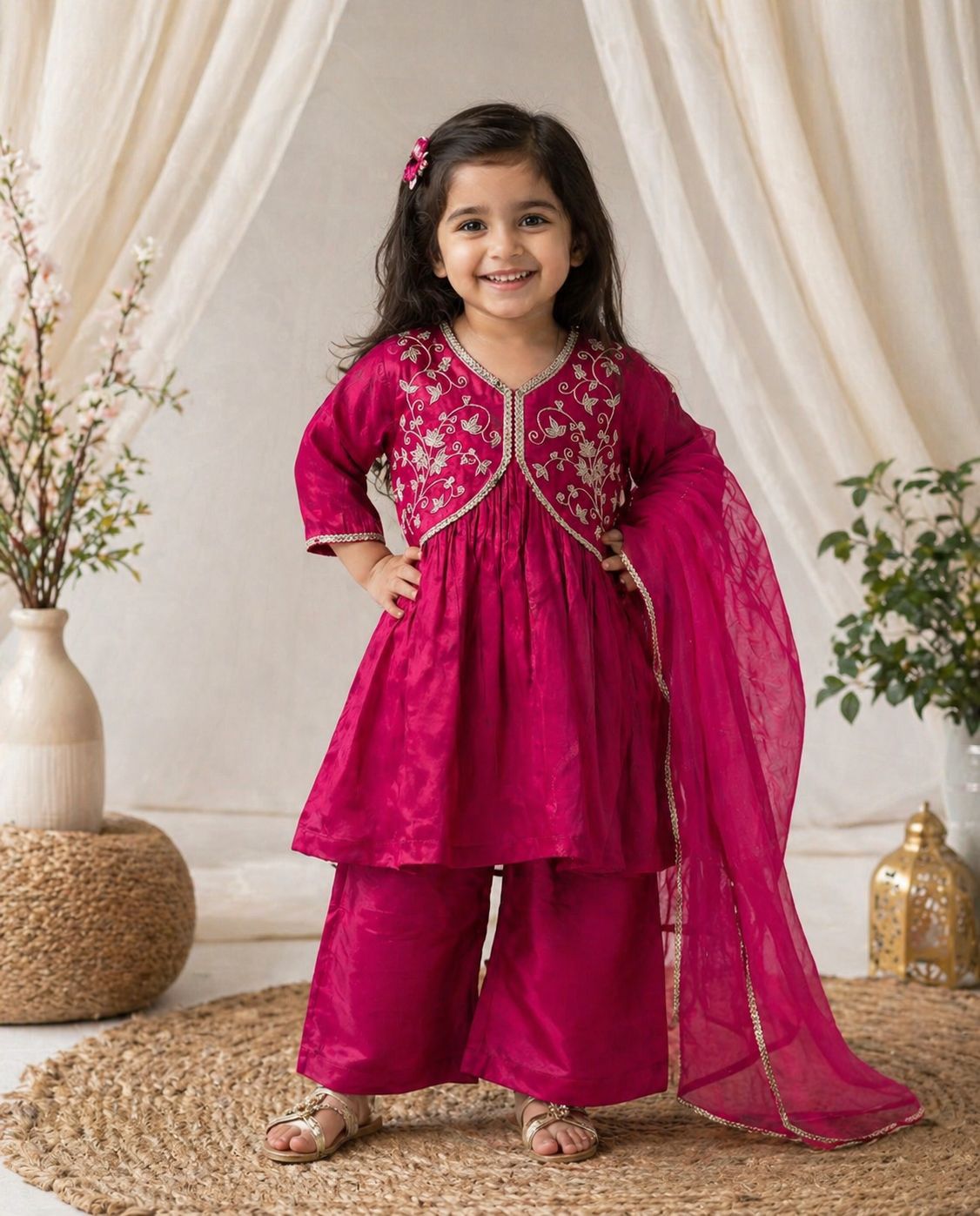 Pink Upada Silk Kurti and Palazzo Set