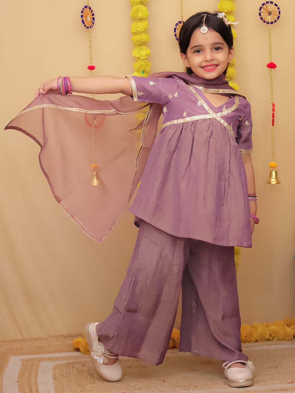 Lavender crush tissue kurti palazzo set with organza dupatta