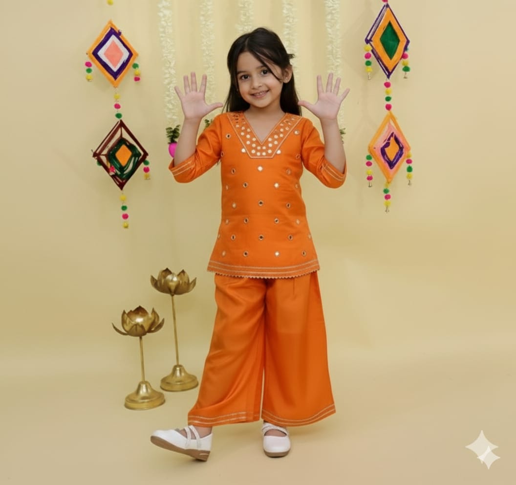 Orange mirror work kurti palazzo
