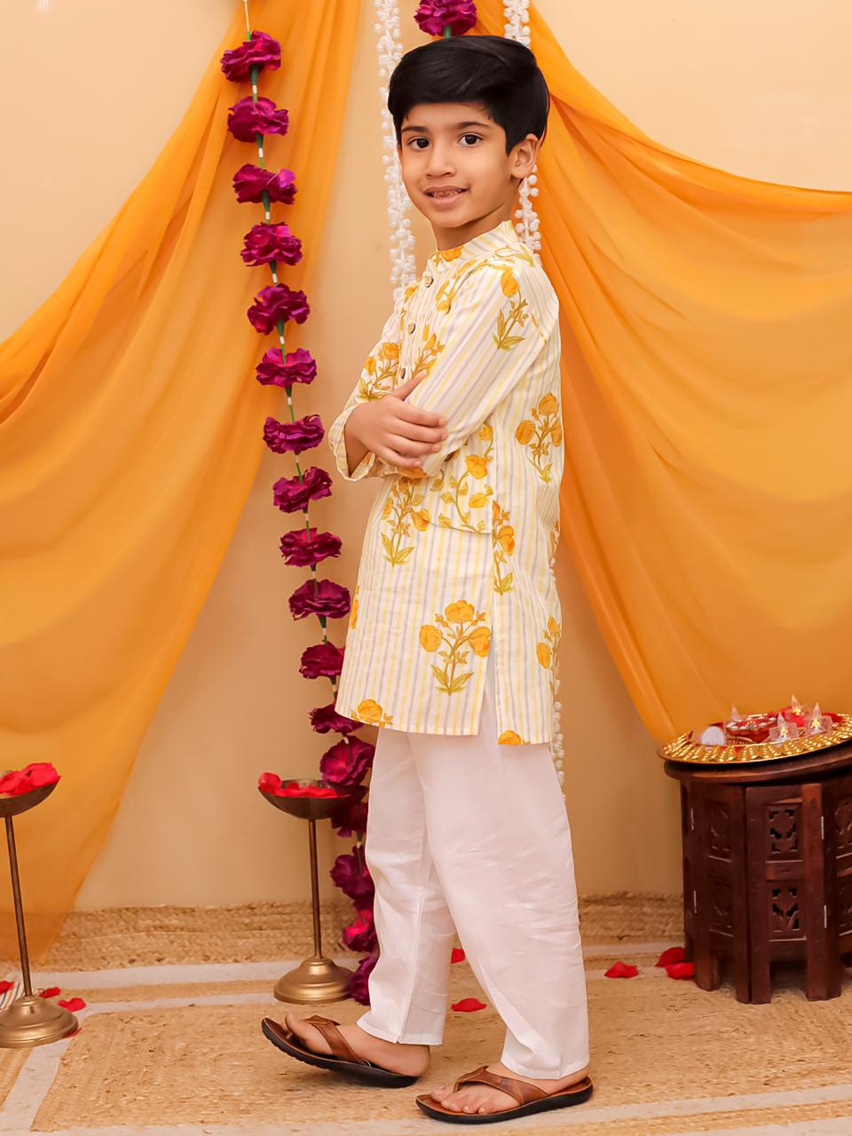 Boy's Yellow kurta pajama with attached jacket