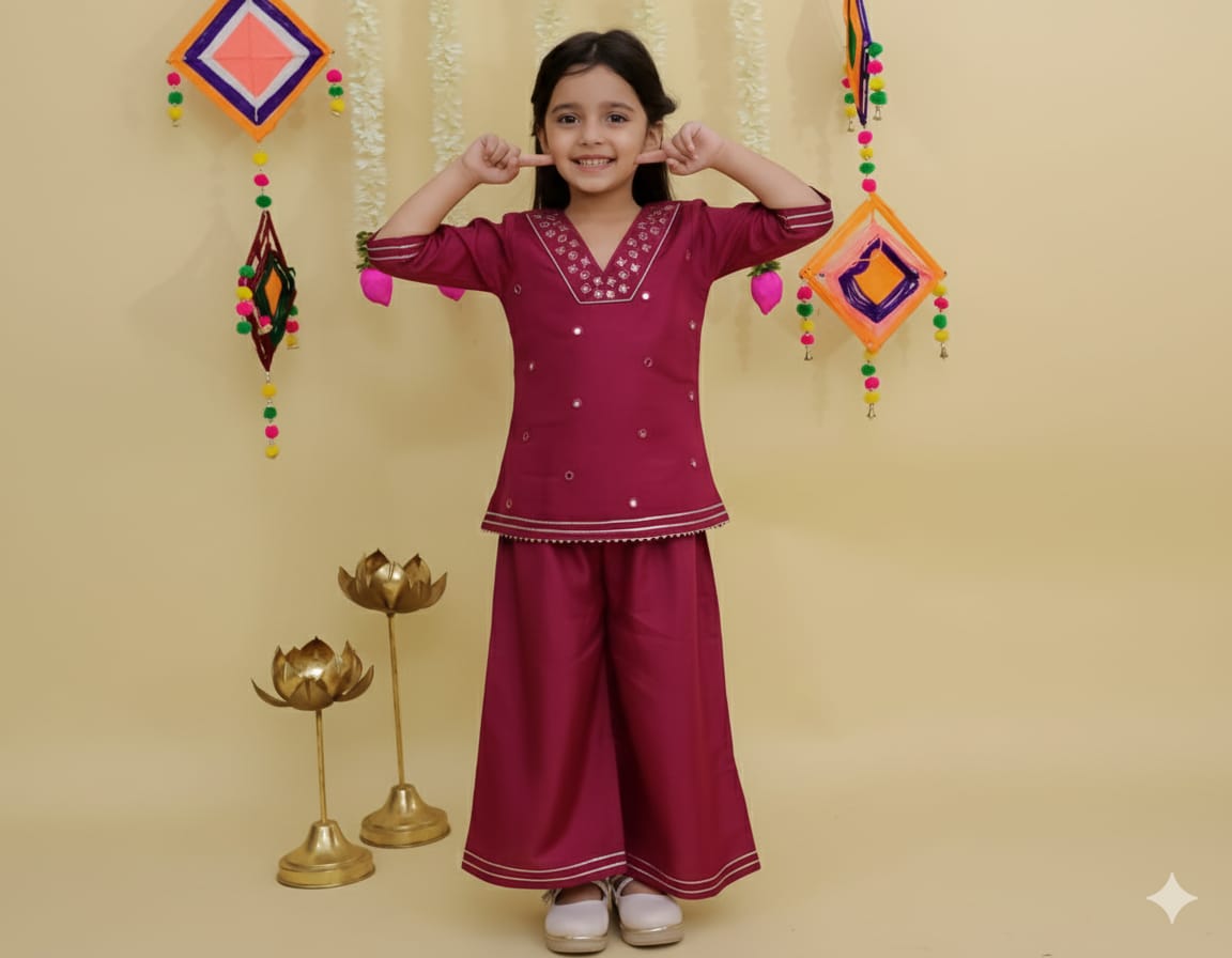 Pink mirror work kurti palazzo