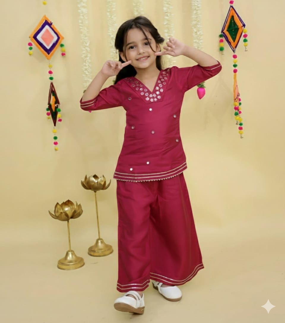 Pink mirror work kurti palazzo