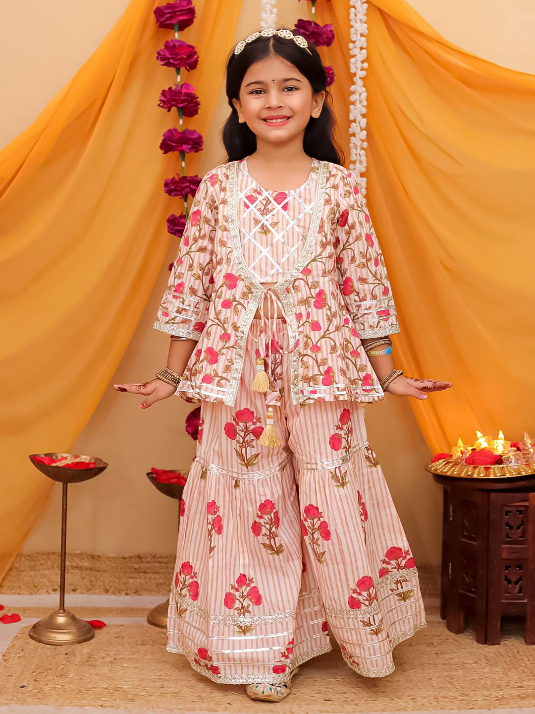 Girl's Pink peplum kurta with sharara set