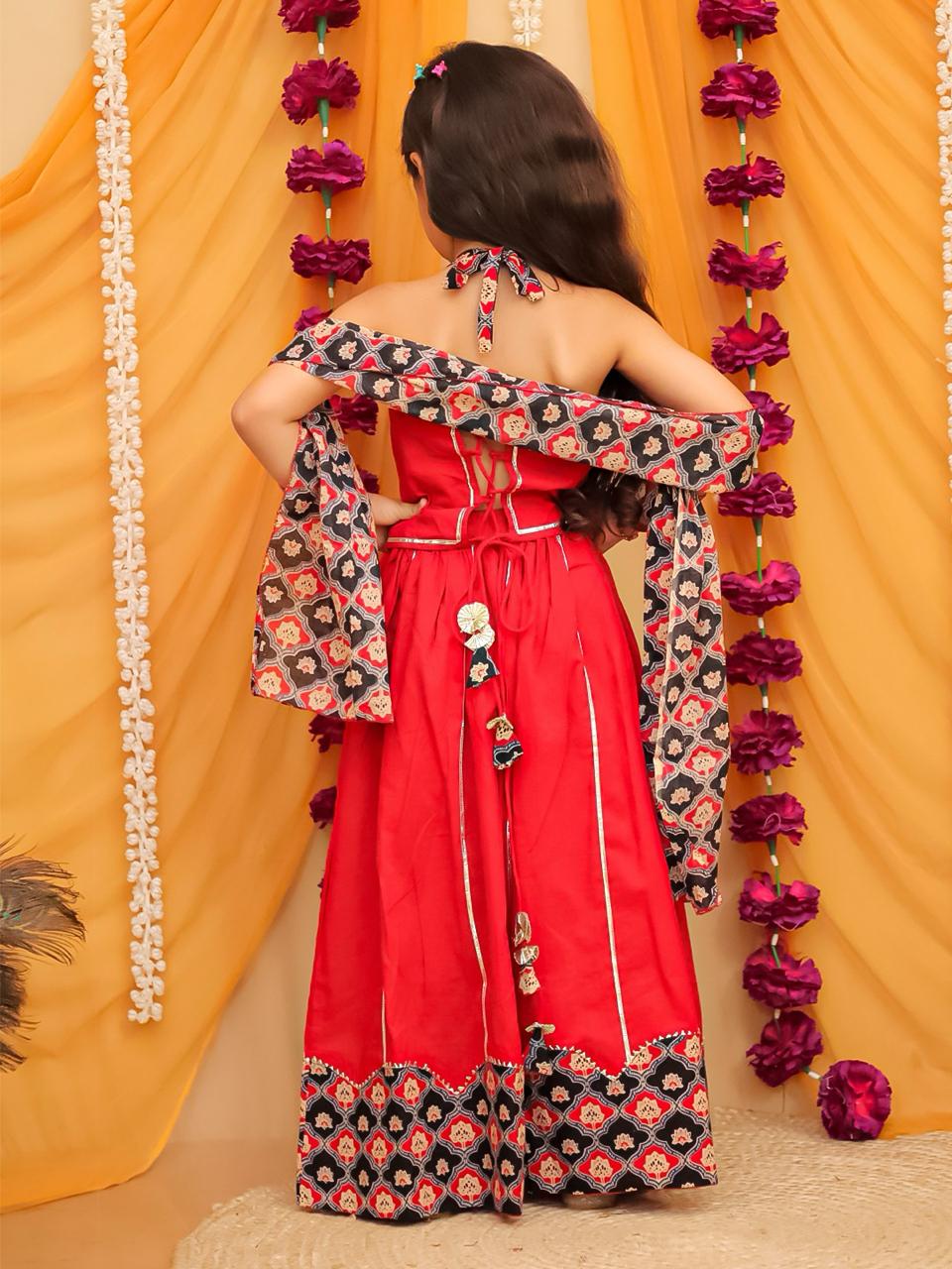 Red halter neck navratri lehenga choli