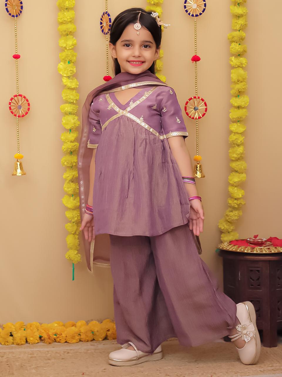Lavender crush tissue kurti palazzo set with organza dupatta