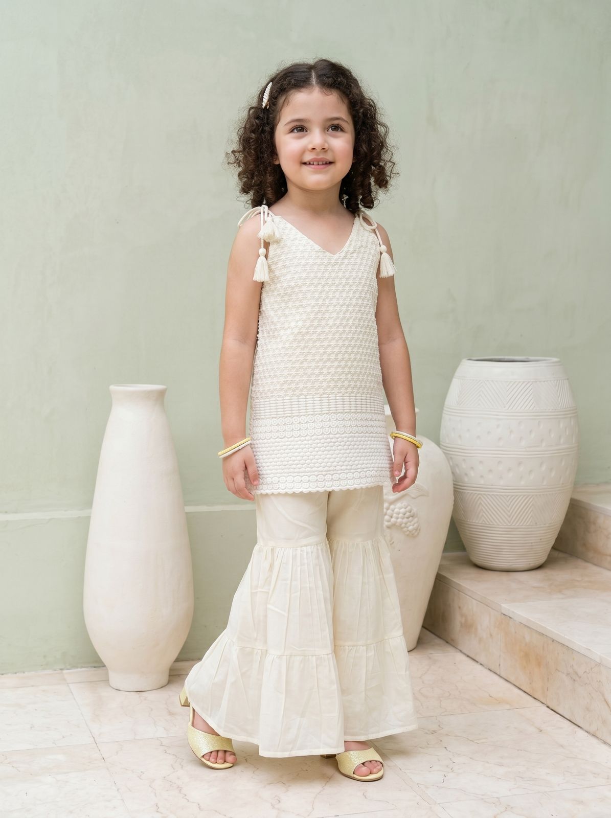 Classic Cream Textured Kurti Sharara Set