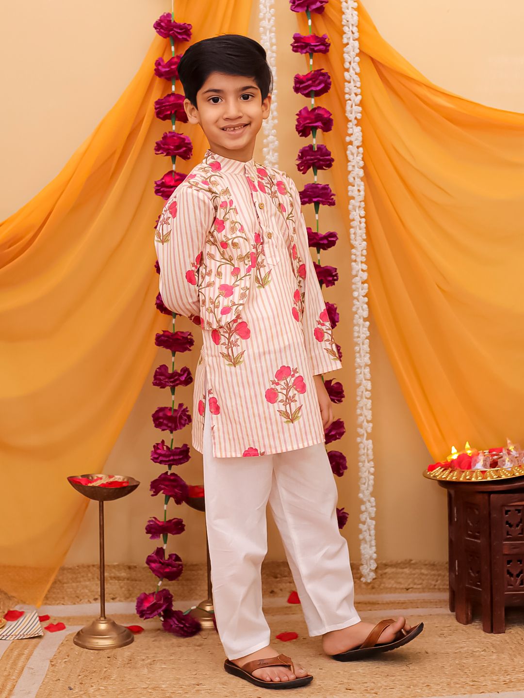 Boy's Pink kurta pajama with attached jacket