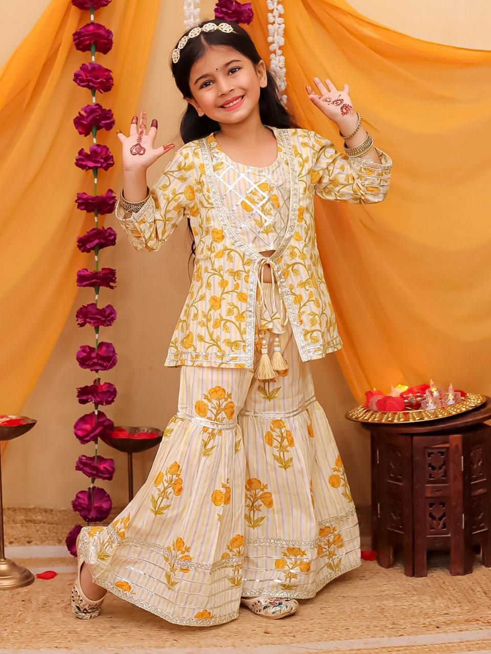 Girl's Yellow peplum kurta with sharara set