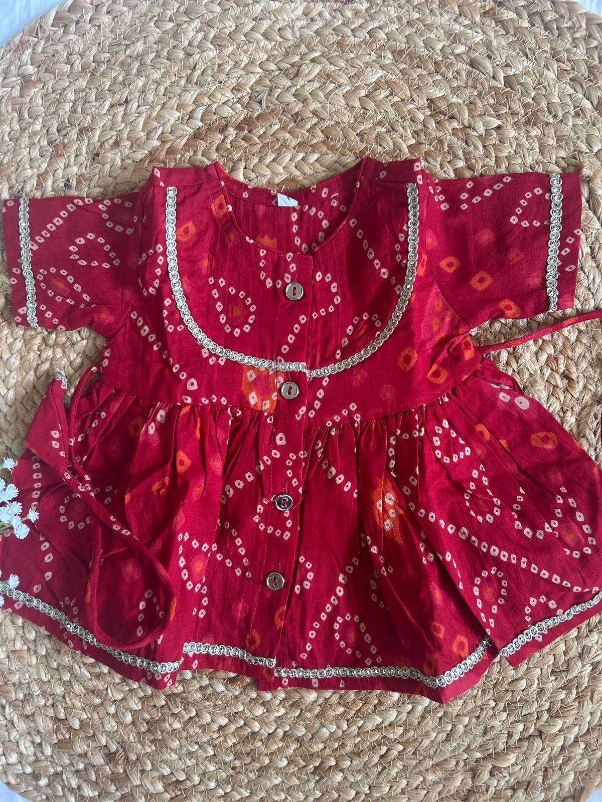 Red bhandej kurti pant with dupatta (infant)