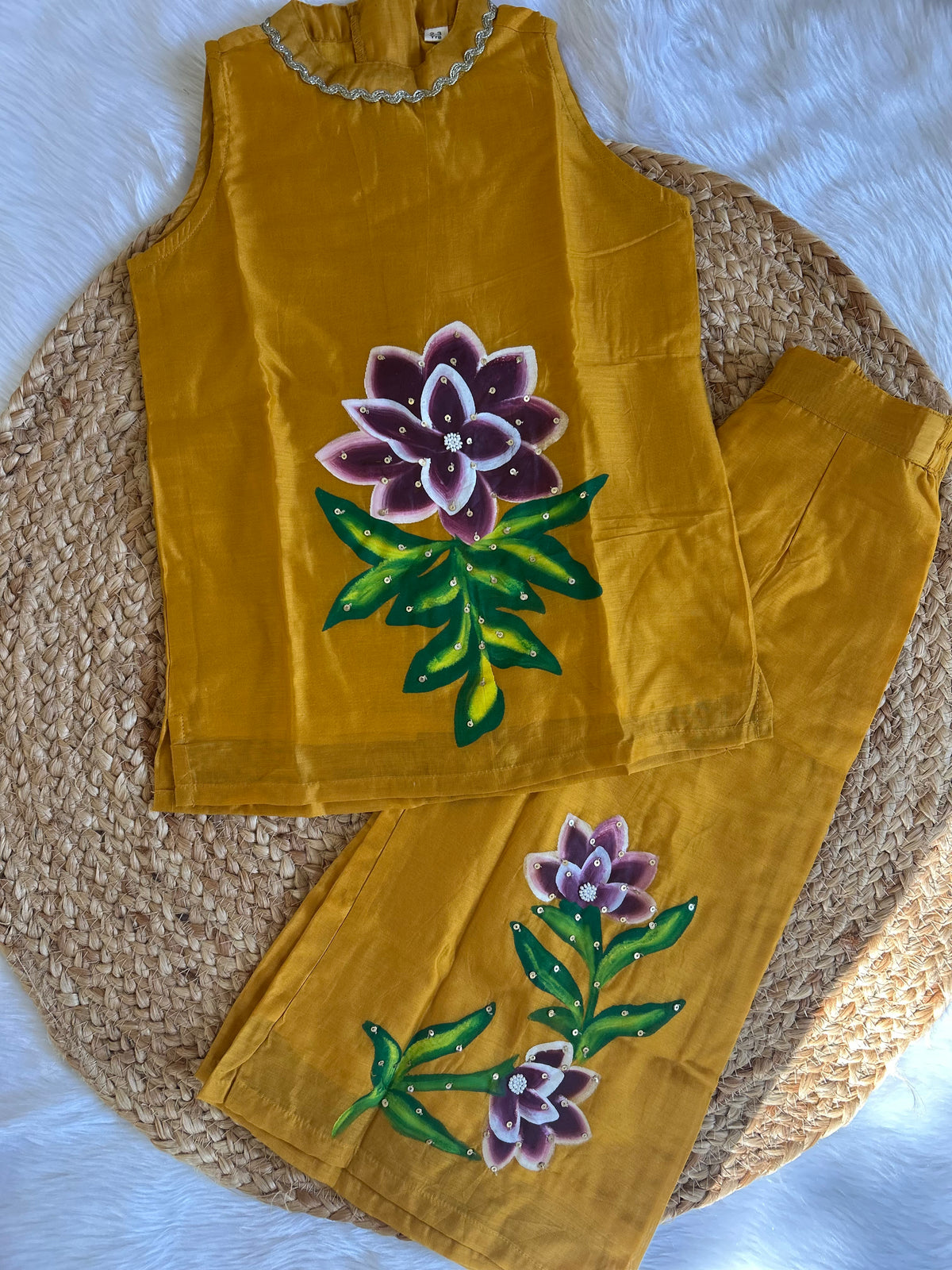 Girl's premium hand painted co-ord set-Mustard