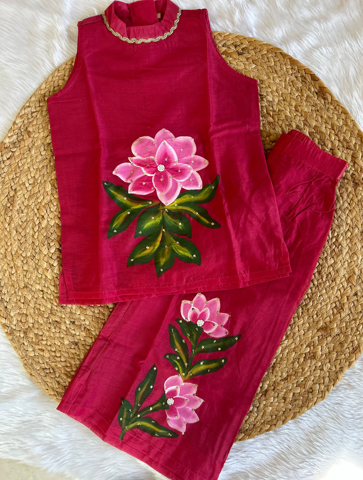 Girl's premium hand painted co-ord set-Pink