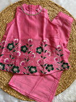 Rosy Blossom Hand-Painted Mul Chanderi Kurti Pant Set