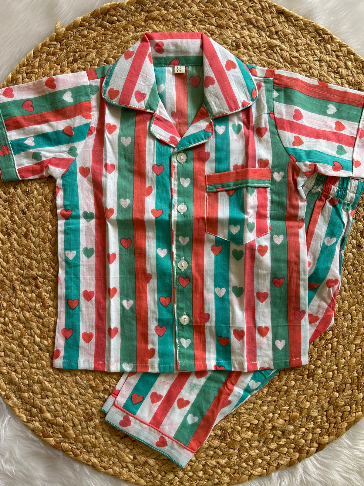 Sweetheart Stripes Cotton Night Suit Set-Sea green