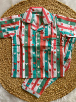 Sweetheart Stripes Cotton Night Suit Set-Sea green