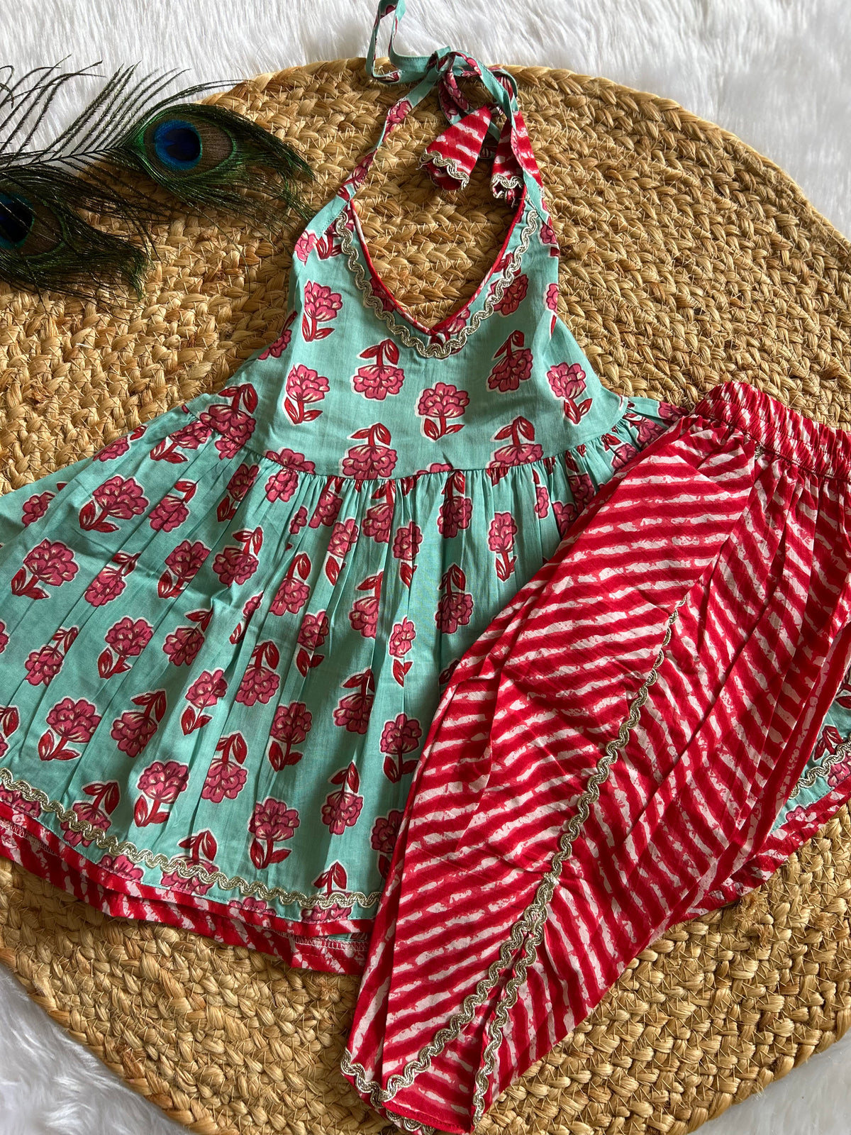 Mint Blossom Halter Neck Kurti with Lehriya Dhoti