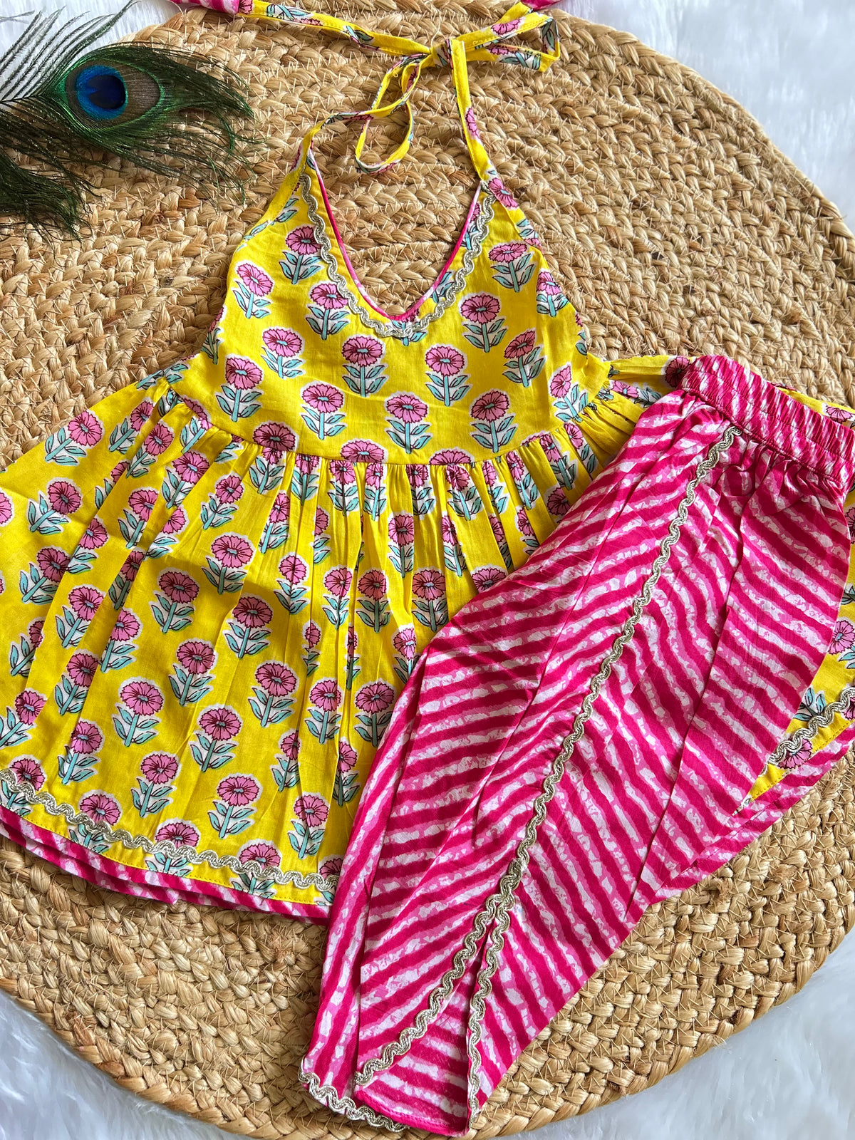 Yellow Halter Neck Kurti with Lehriya Dhoti