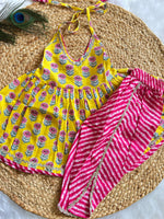 Yellow Halter Neck Kurti with Lehriya Dhoti