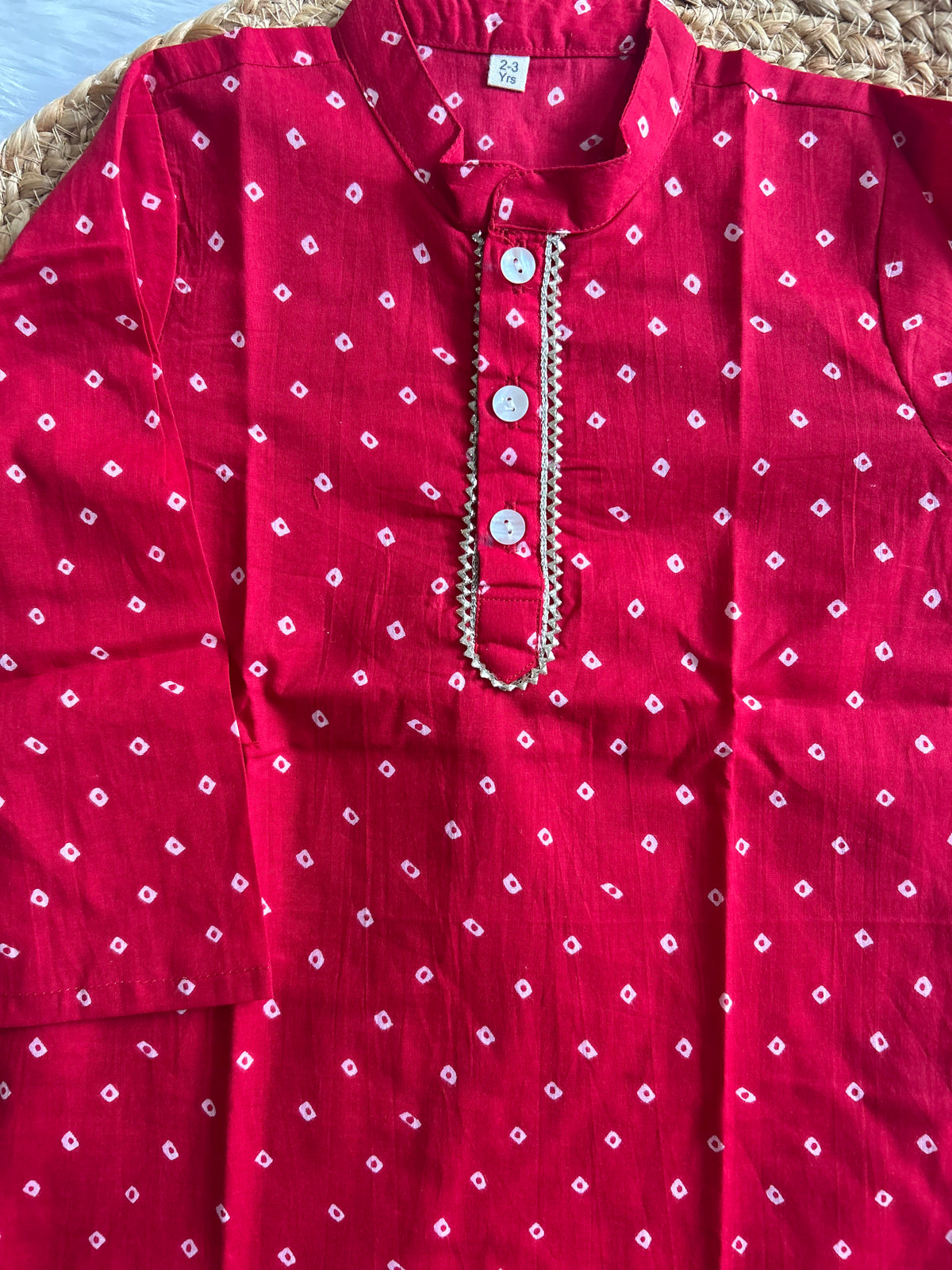 Boy's Red Bhandej Kurta Pyjama Set