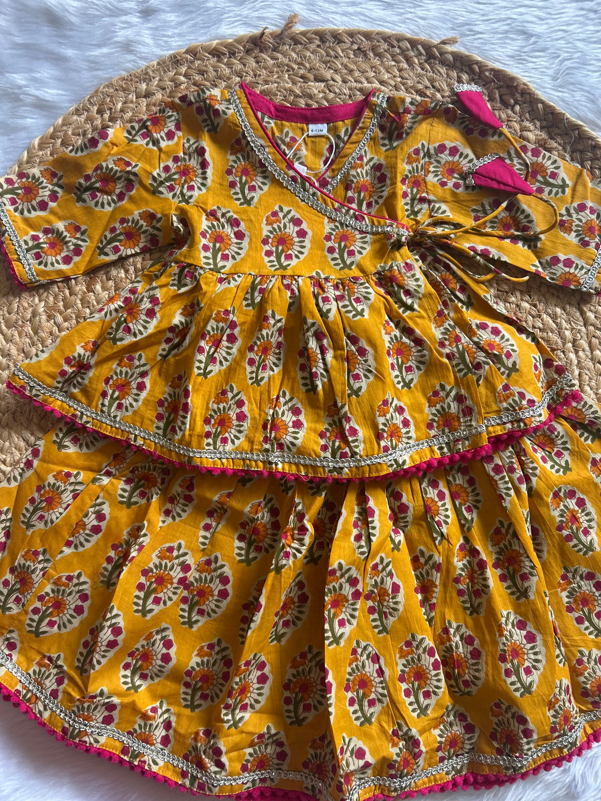 Infant girl angrakha top and skirt-Yellow floral